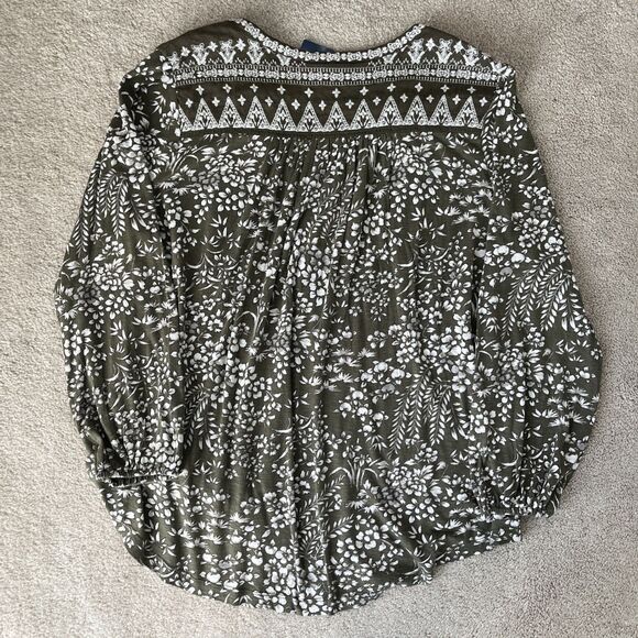 Lucky Brand Top Women 1X Olive Green Floral Embroidered Peasant Boho Cottagecore - Picture 5 of 5
